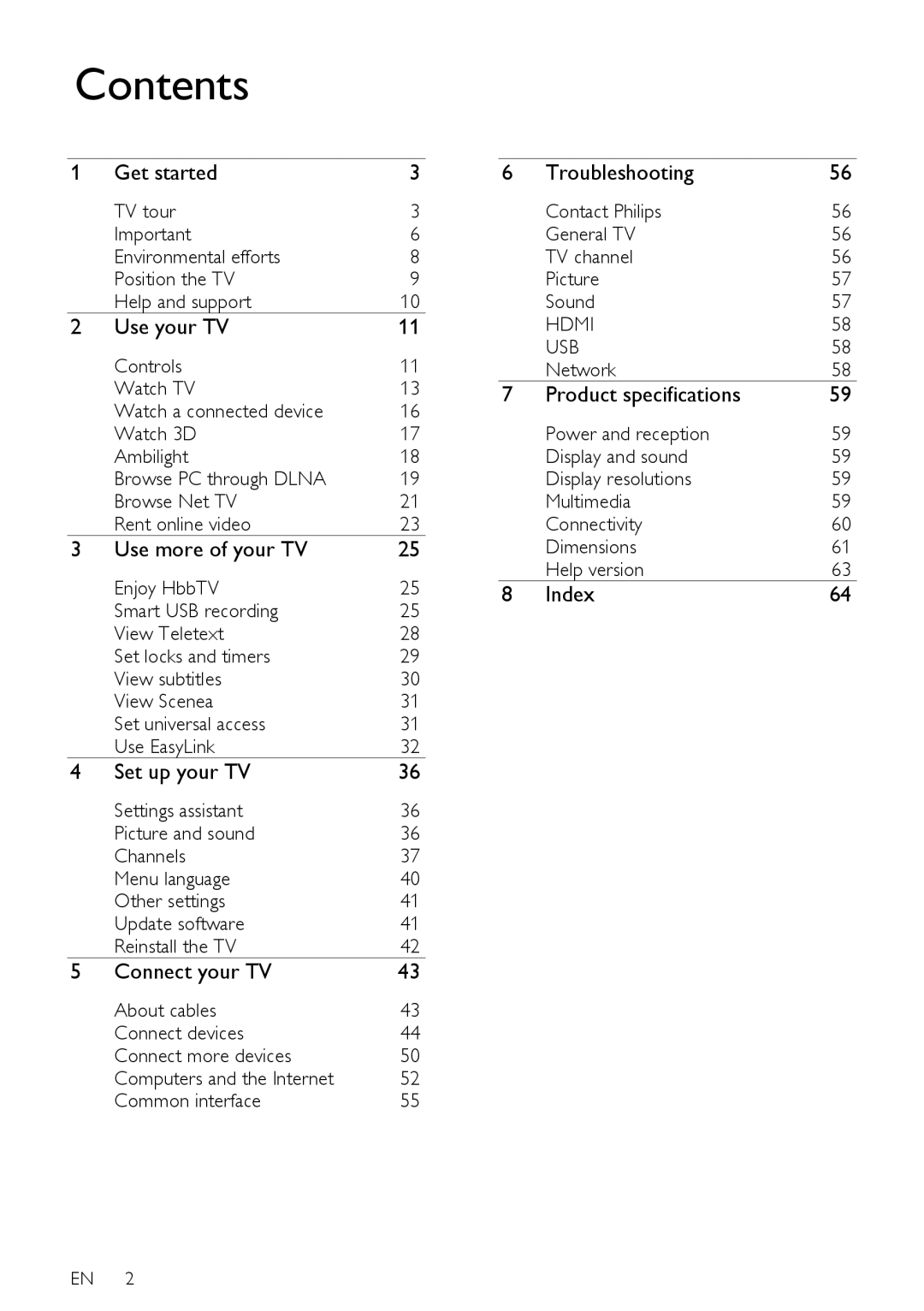 Philips 42PDL7906K, 42PDL7906T, 42PDL7906H, 32PDL7906T, 32PDL7906K, 32PDL7906H user manual Contents 