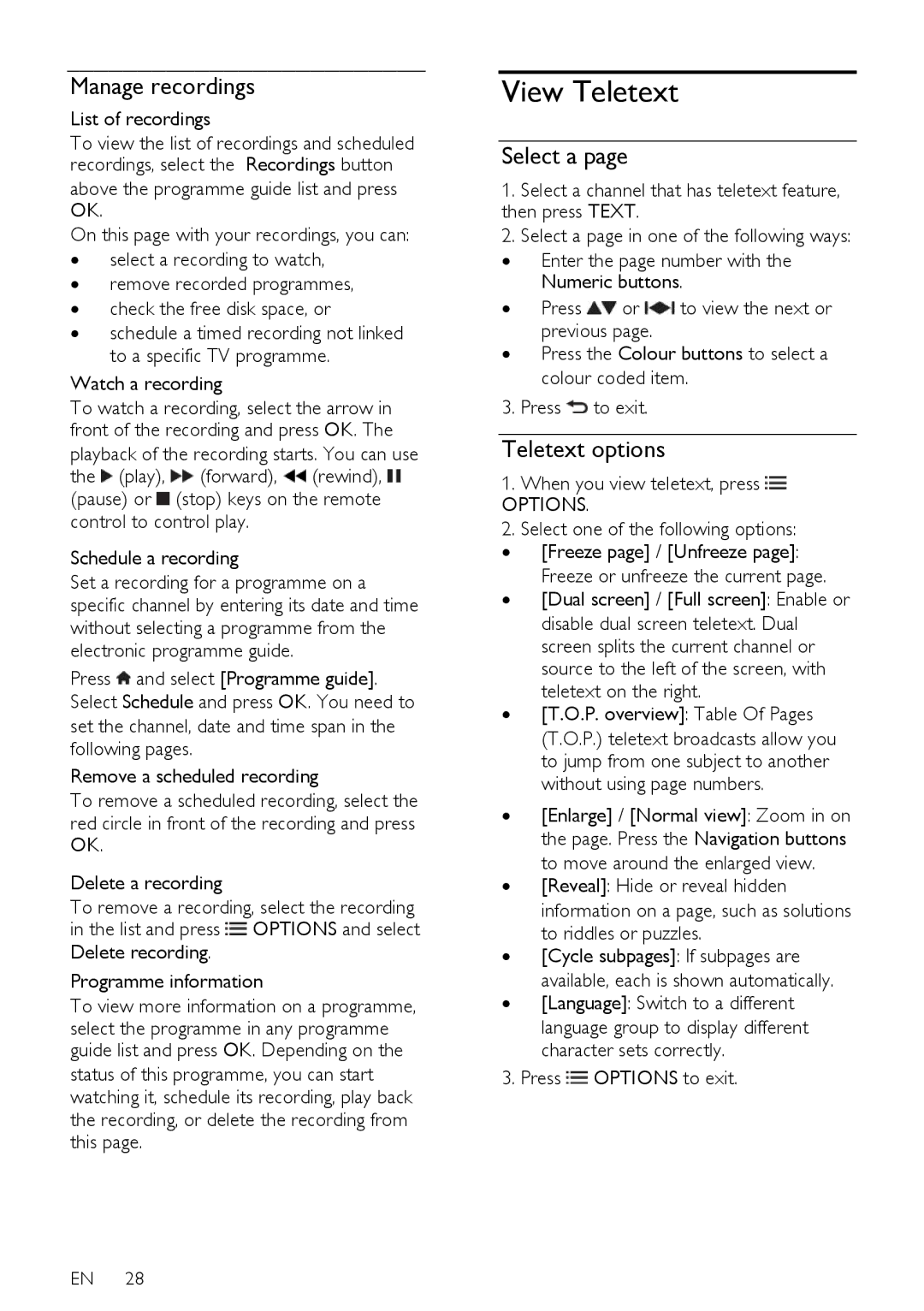 Philips 32PDL7906K, 42PDL7906T, 42PDL7906H, 42PDL7906K View Teletext, Manage recordings, Select a, Teletext options 