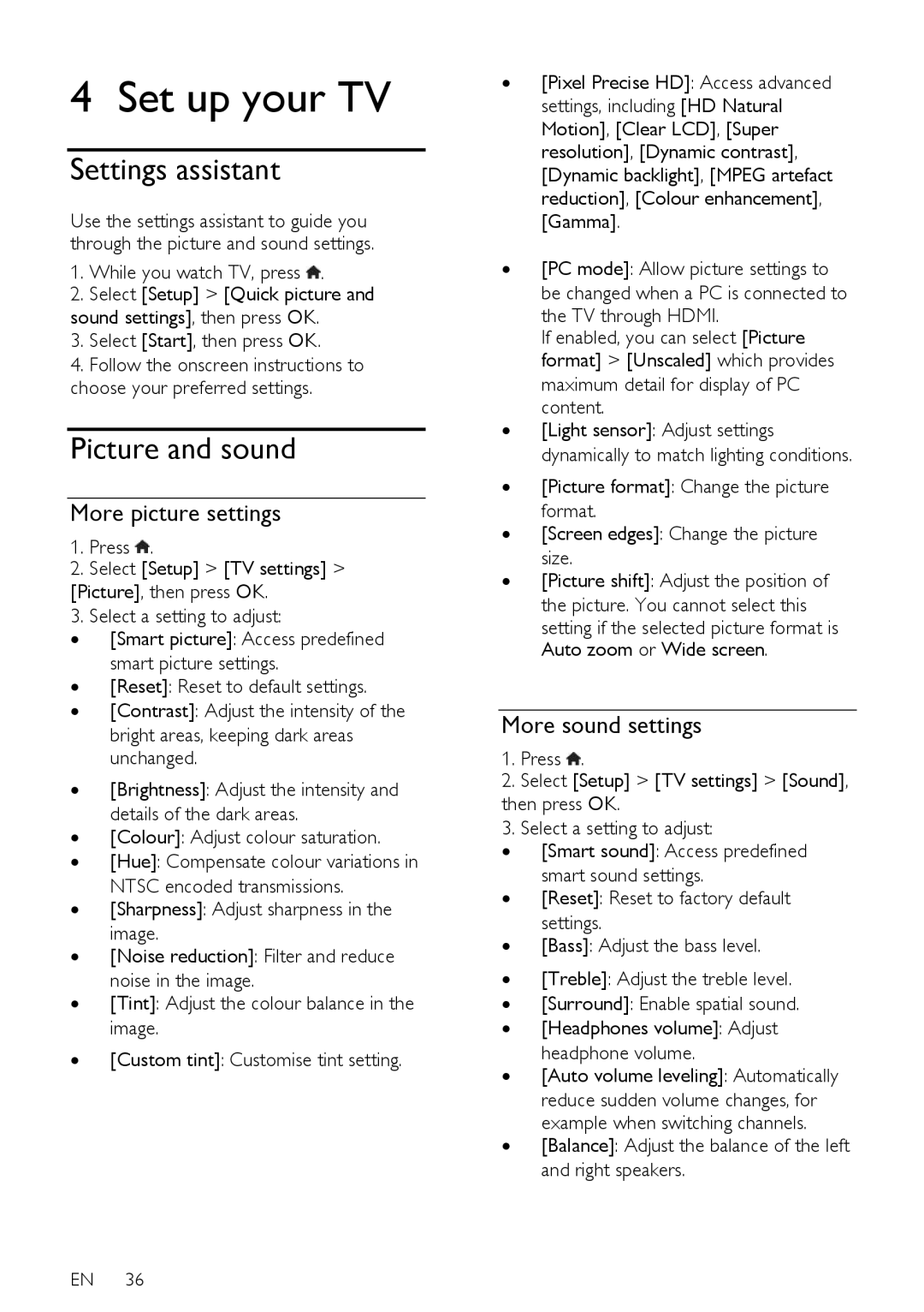 Philips 42PDL7906T, 42PDL7906H user manual Settings assistant, Picture and sound, More picture settings, More sound settings 