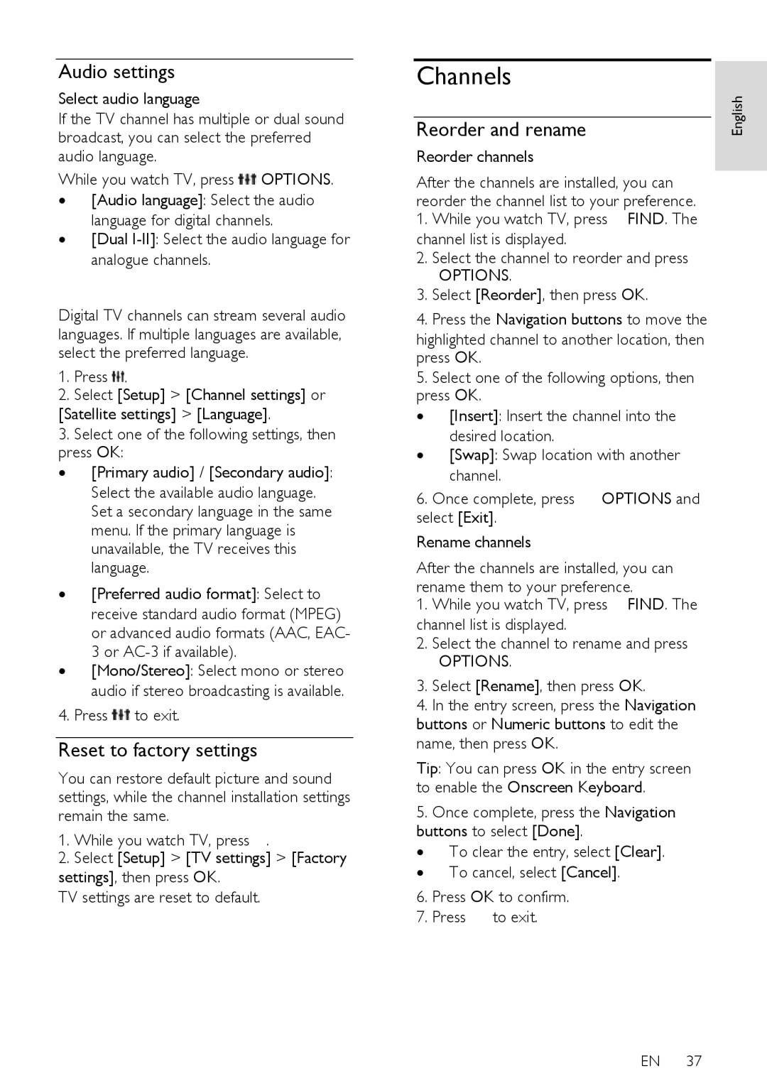 Philips 42PDL7906H, 42PDL7906T, 42PDL7906K Channels, Audio settings, Reset to factory settings, Reorder and rename 