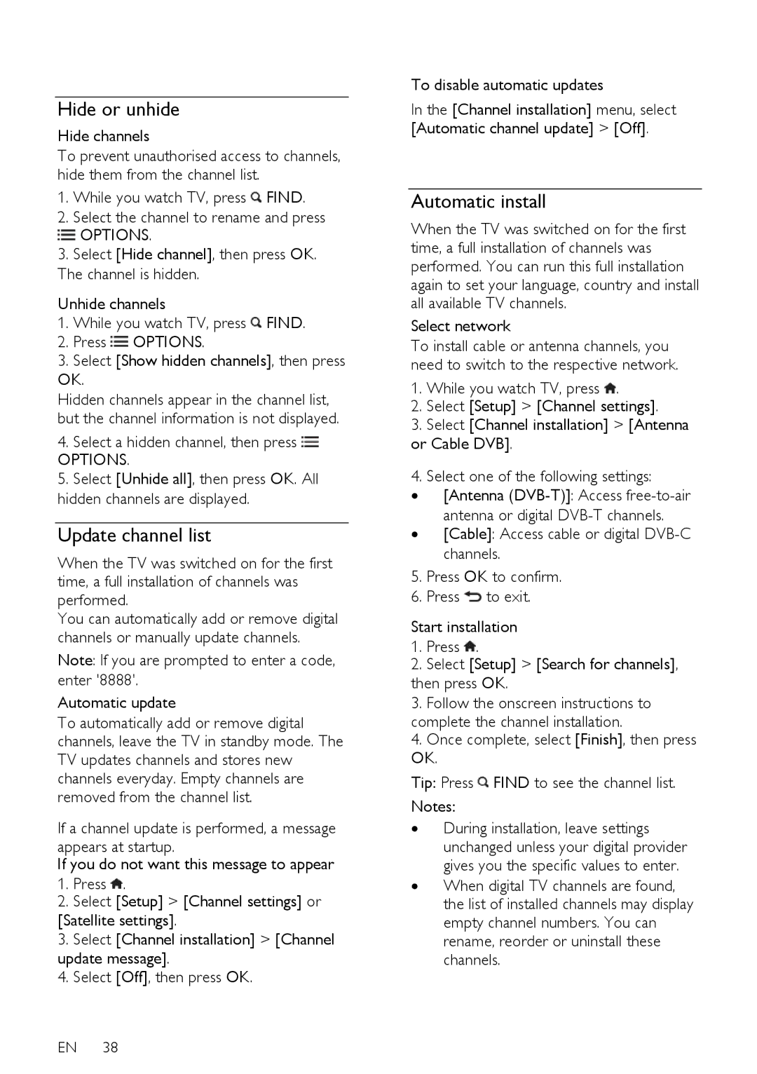 Philips 42PDL7906K, 42PDL7906T, 42PDL7906H, 32PDL7906T, 32PDL7906K Hide or unhide, Update channel list, Automatic install 