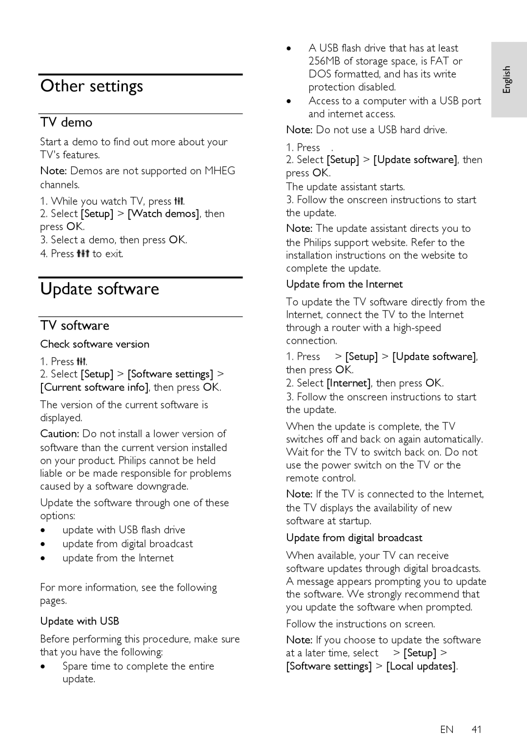 Philips 32PDL7906H, 42PDL7906T, 42PDL7906H, 42PDL7906K, 32PDL7906T Other settings, Update software, TV demo, TV software 