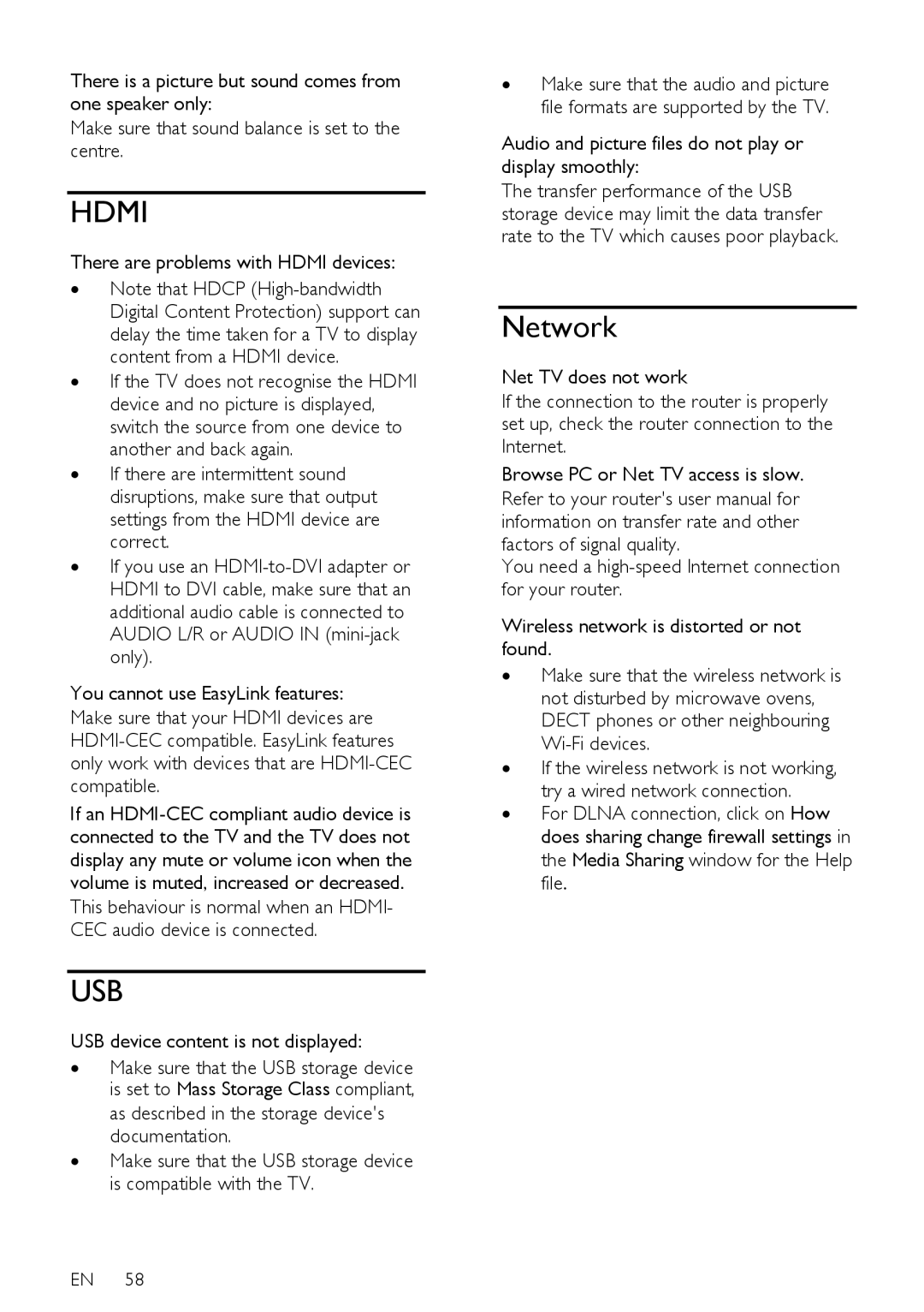 Philips 32PDL7906K, 42PDL7906T Network, There are problems with Hdmi devices, USB device content is not displayed 