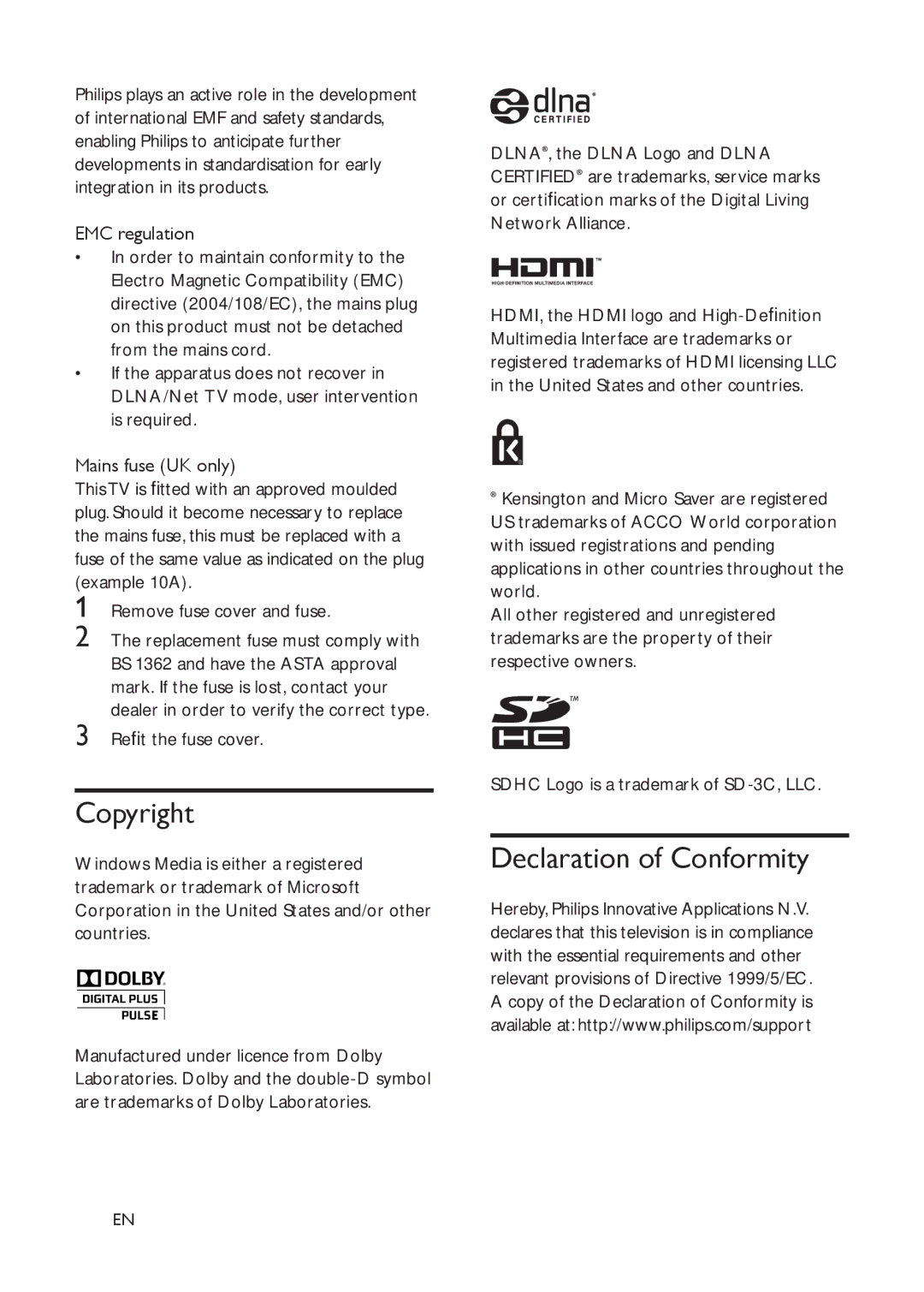 Philips 42PDL7906K, 42PDL7906T, 42PDL7906H, 32PDL7906T, 32PDL7906K, 32PDL7906H user manual Declaration of Conformity 