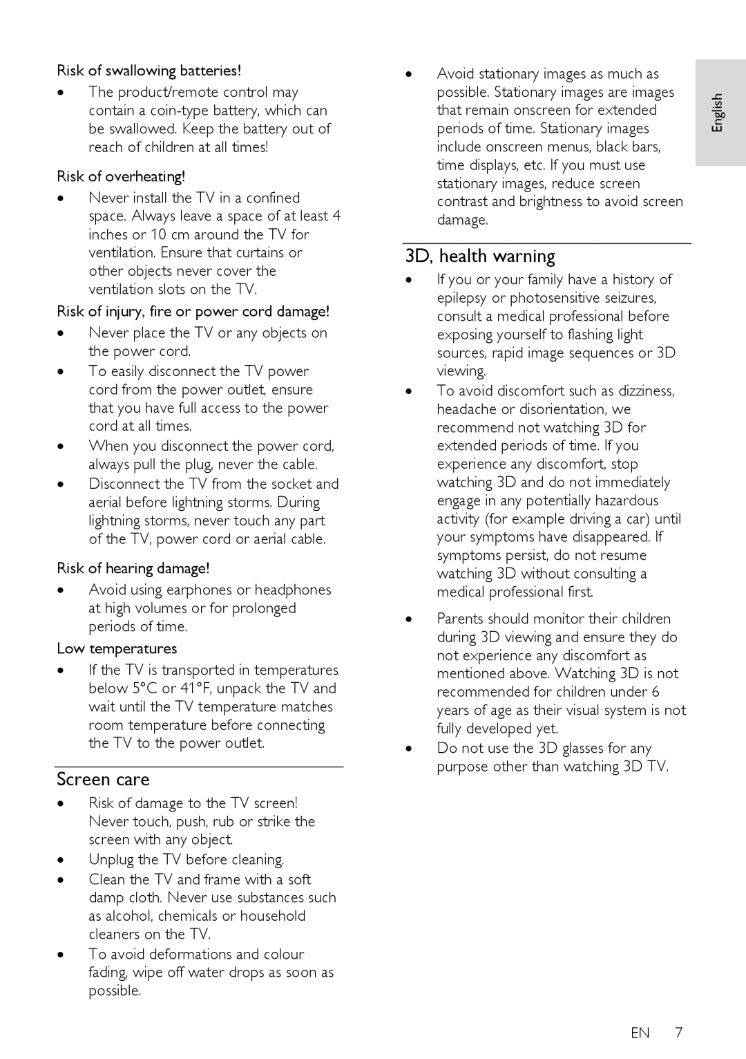 Philips 42PDL7906H, 42PDL7906T, 42PDL7906K, 32PDL7906T, 32PDL7906K, 32PDL7906H user manual Screen care, 3D, health warning 