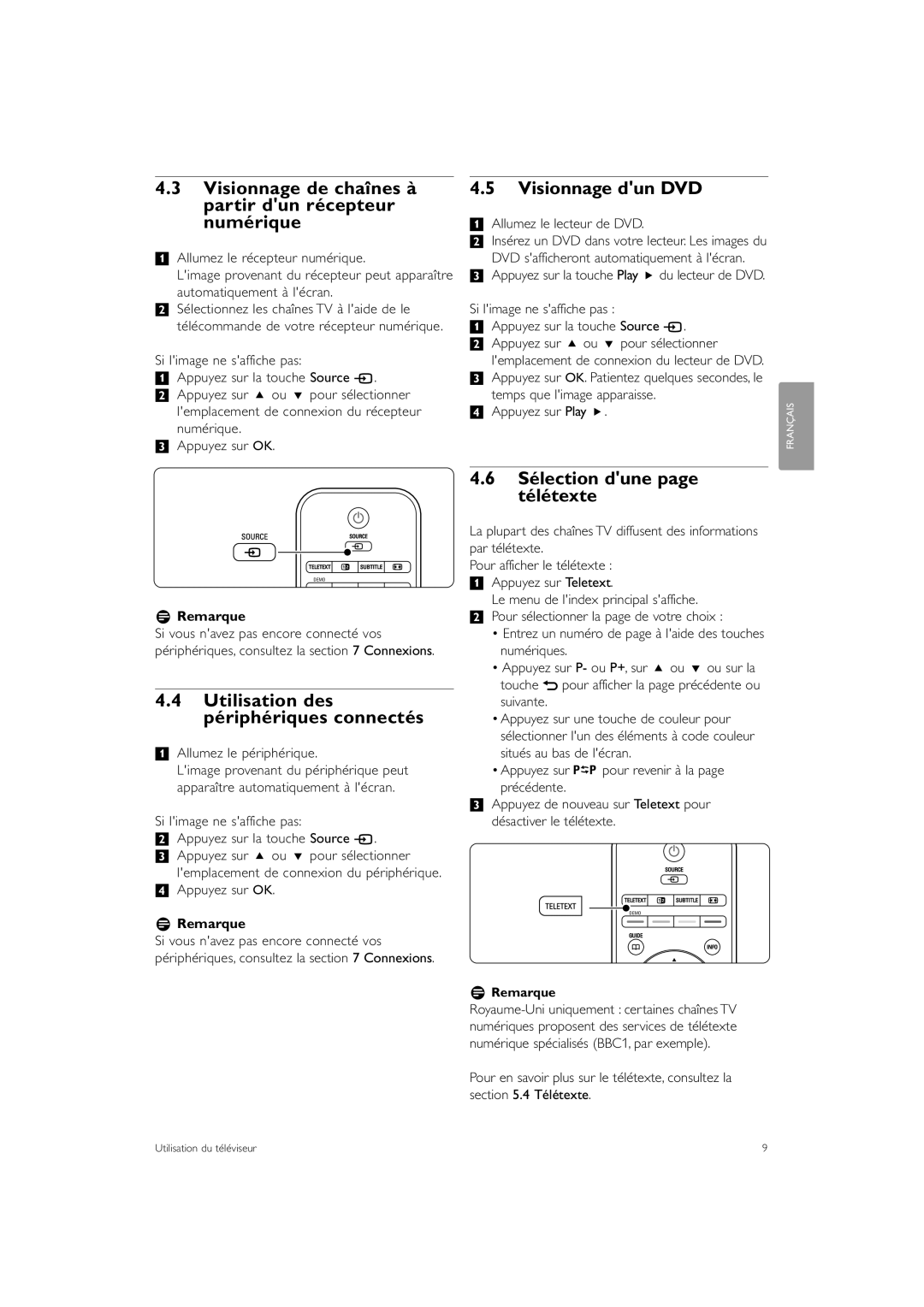 Philips 42PE0001D/H manual Visionnage de chaînes à partir dun récepteur numérique, Visionnage dun DVD, RRemarque 