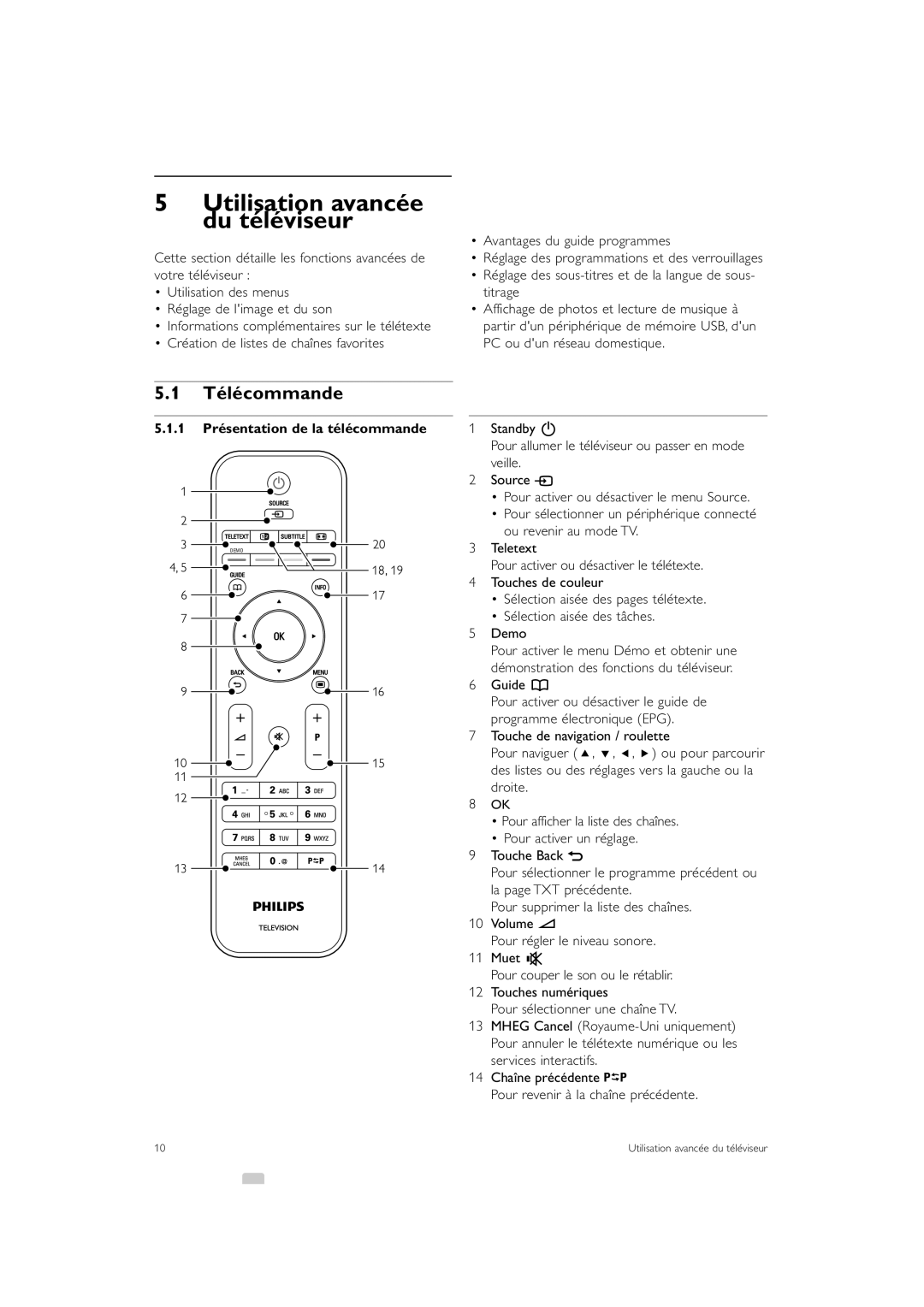 Philips 42PE0001D/H manual Utilisation avancée du téléviseur, Télécommande, 1 Présentation de la télécommande 