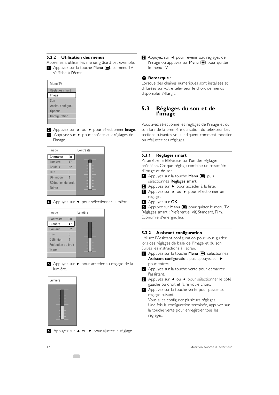 Philips 42PE0001D/H manual Réglages du son et de limage, Utilisation des menus, 1 Réglages smart, Assistant configuration 