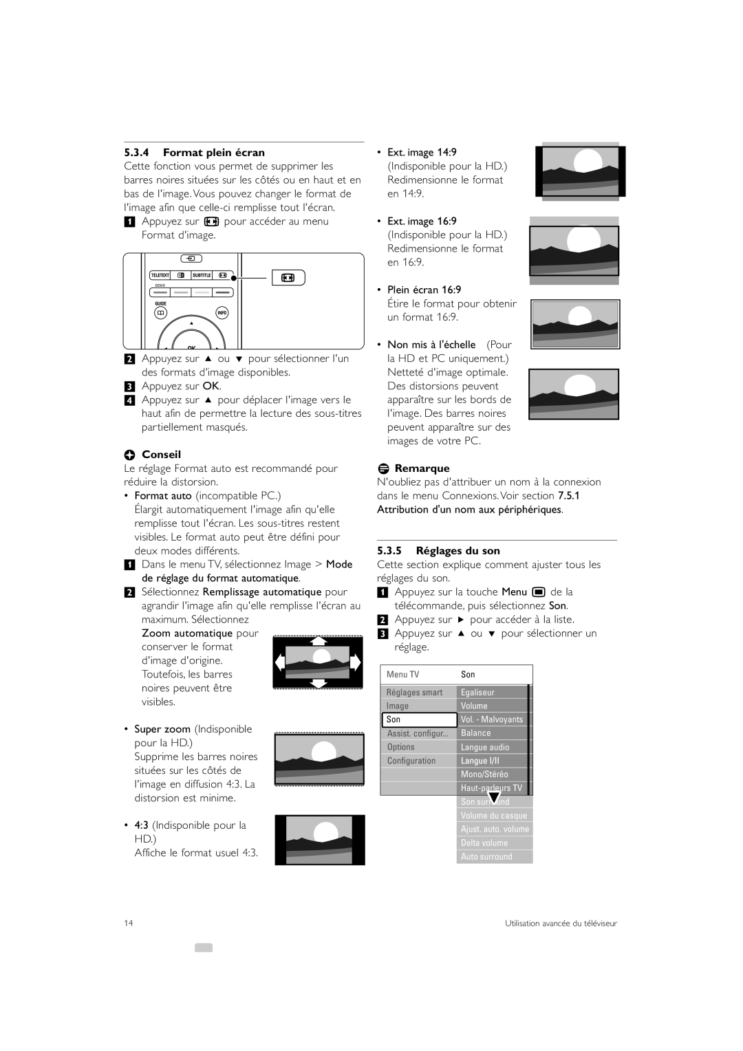 Philips 42PE0001D/H manual Format plein écran, Conseil, 5 Réglages du son 