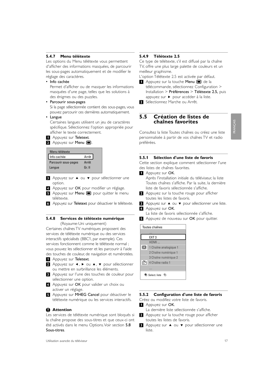 Philips 42PE0001D/H Création de listes de chaînes favorites, Menu télétexte, Services de télétexte numérique, 9 Télétexte 