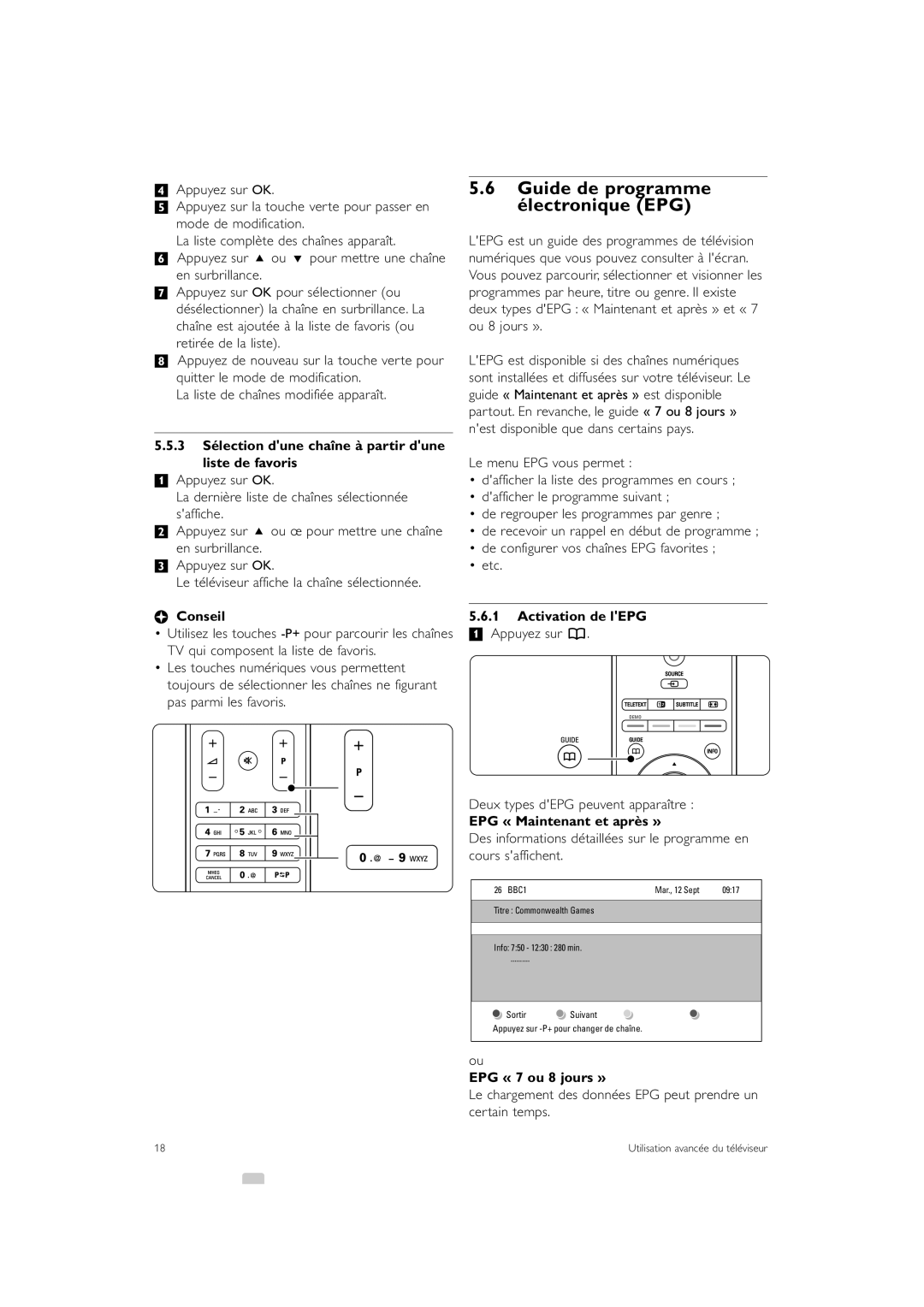 Philips 42PE0001D/H manual Guide de programme électronique EPG, 3 Sélection dune chaîne à partir dune Liste de favoris 