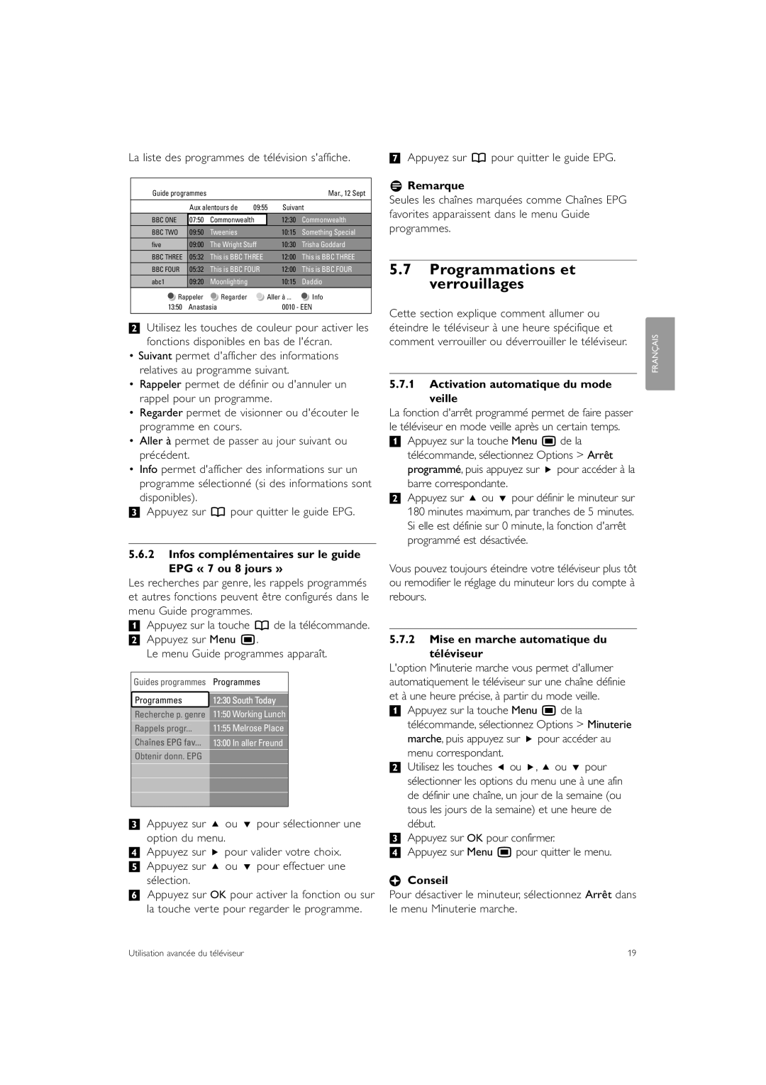 Philips 42PE0001D/H manual Programmations et verrouillages, Infos complémentaires sur le guide EPG « 7 ou 8 jours » 