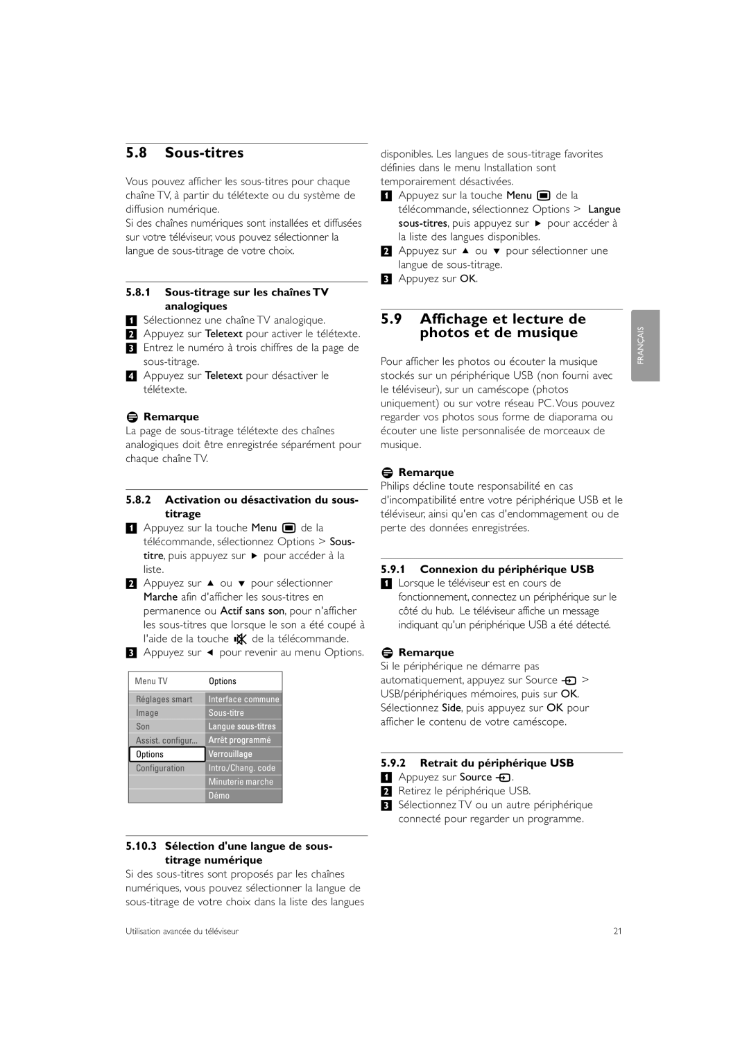 Philips 42PE0001D/H manual Sous-titres, Affichage et lecture de photos et de musique 