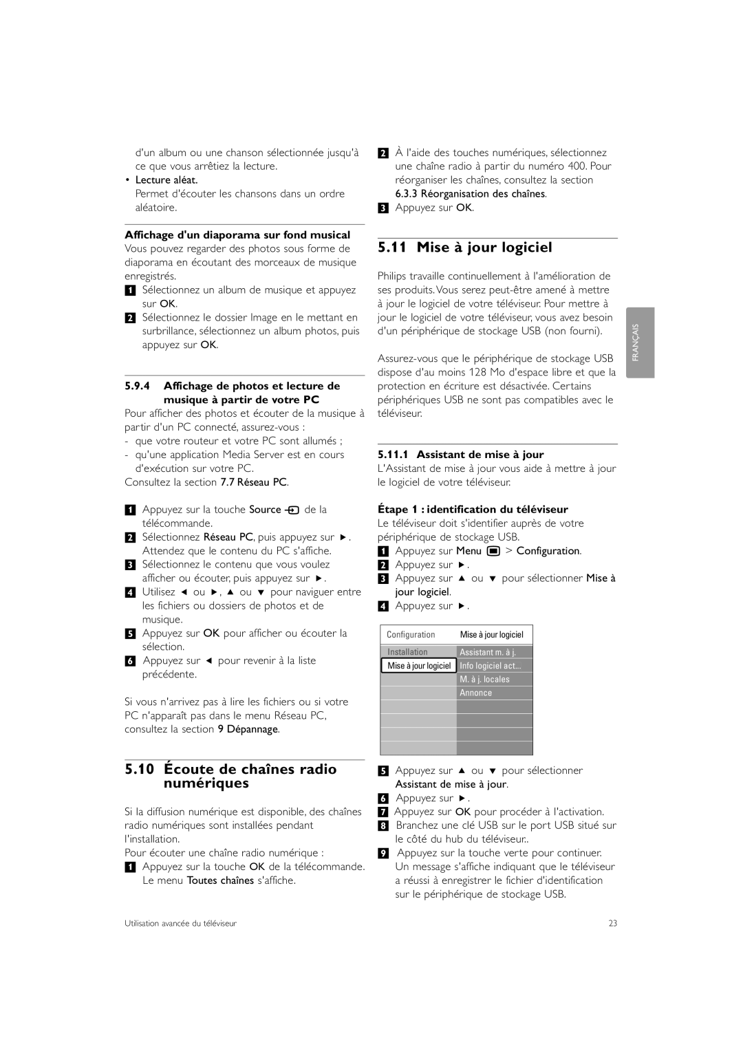 Philips 42PE0001D/H Mise à jour logiciel, 10 Écoute de chaînes radio numériques, Affichage dun diaporama sur fond musical 