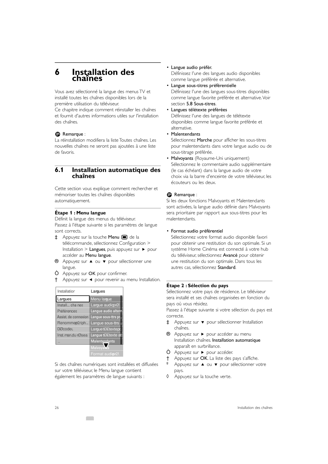 Philips 42PE0001D/H manual Installation des chaînes, Installation automatique des chaînes, Étape 1 Menu langue 