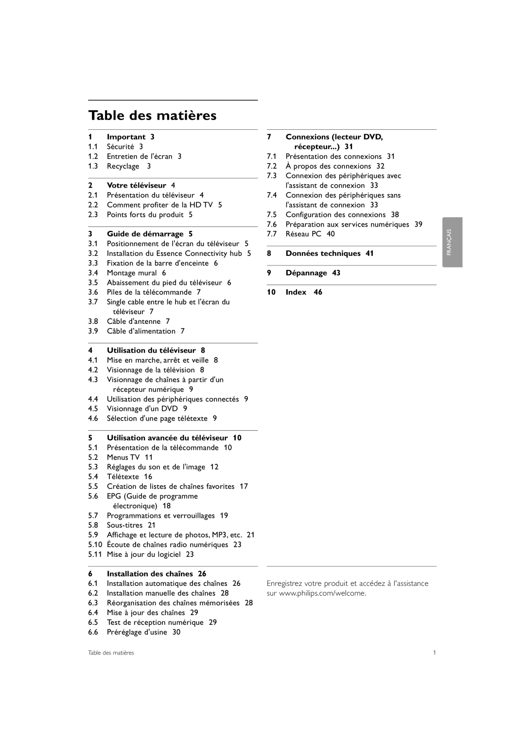 Philips 42PE0001D/H manual Table des matières 