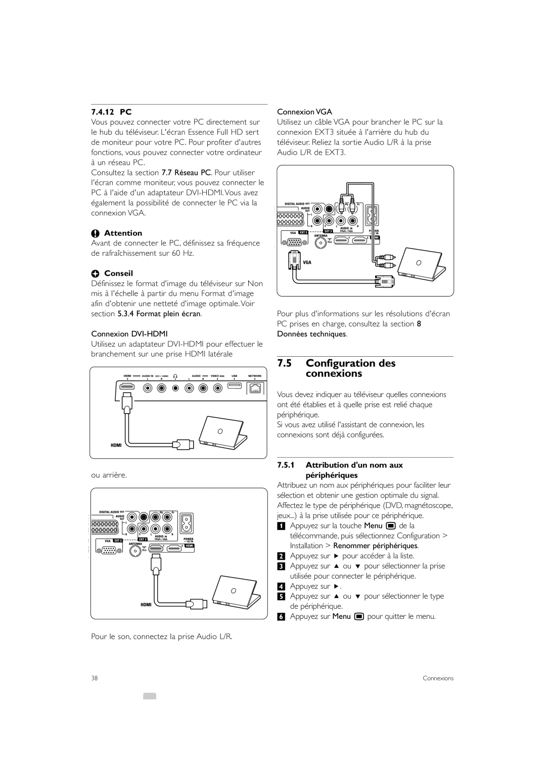 Philips 42PE0001D/H manual Configuration des connexions, 12 PC, Connexion DVI-HDMI, Attribution dun nom aux périphériques 