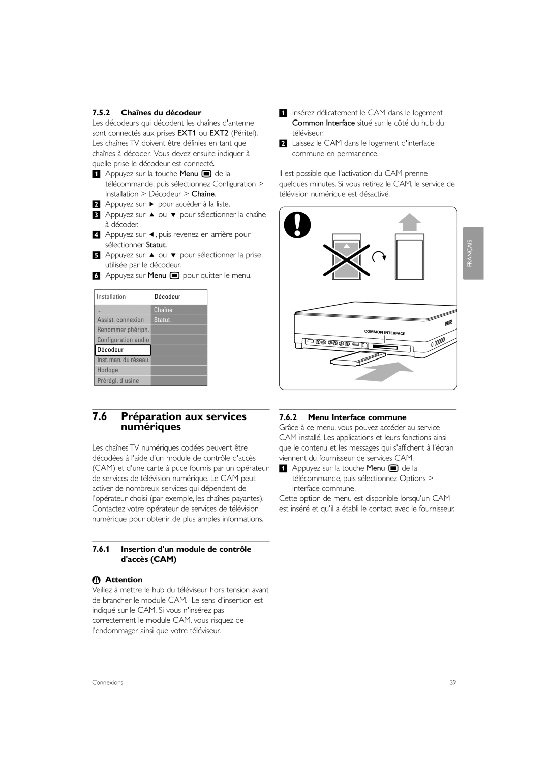 Philips 42PE0001D/H manual Préparation aux services numériques, 2 Chaînes du décodeur, Menu Interface commune 