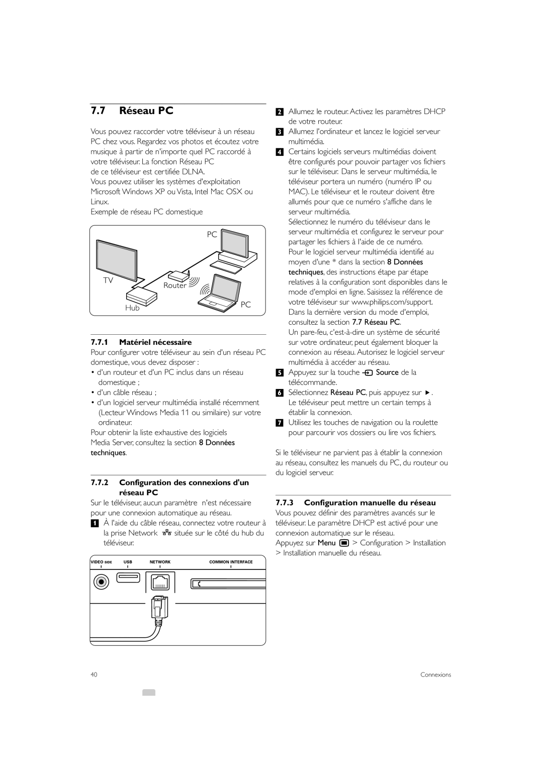 Philips 42PE0001D/H manual Réseau PC, 1 Matériel nécessaire, Configuration des connexions dun réseau PC 