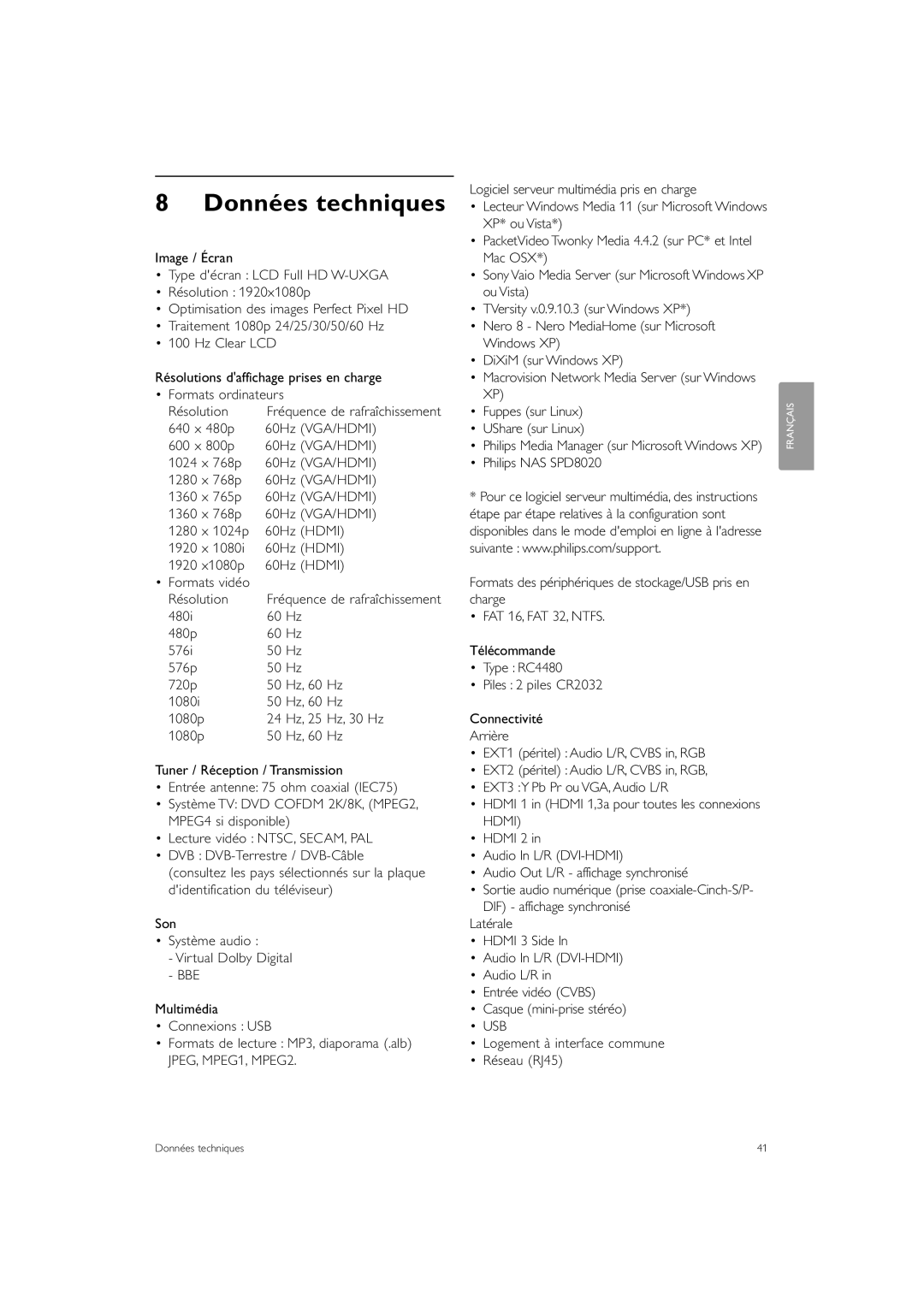 Philips 42PE0001D/H manual Données techniques, Résolution, Logement à interface commune Réseau RJ45 