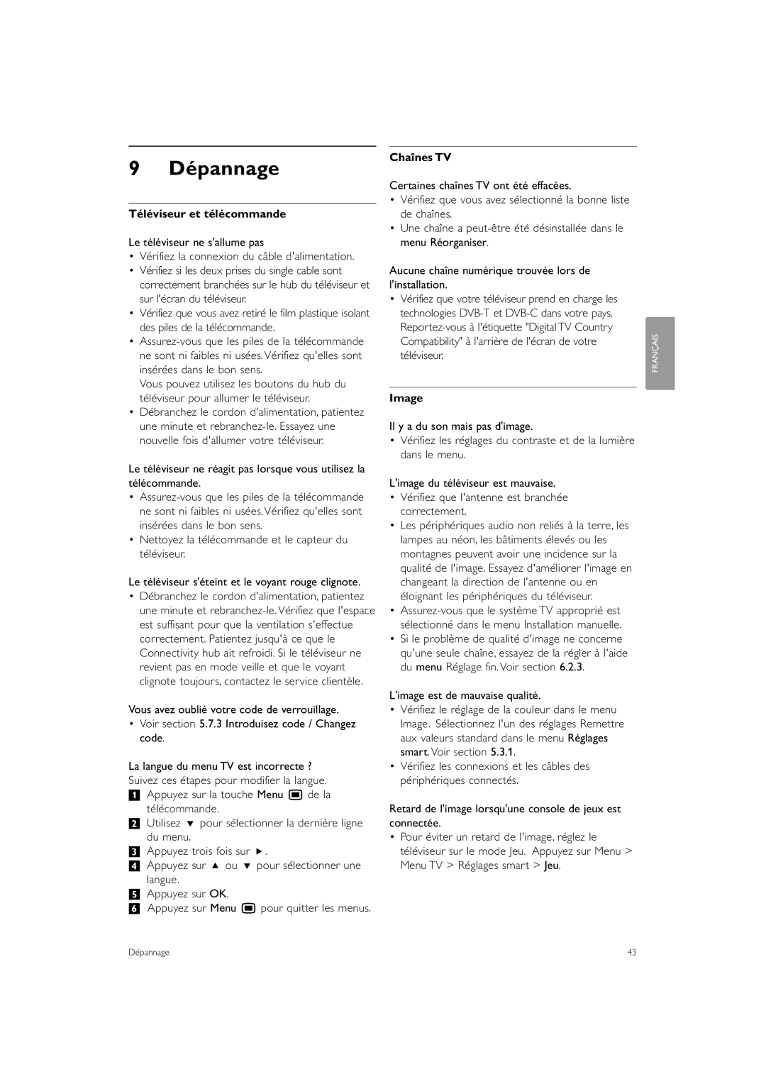 Philips 42PE0001D/H manual Dépannage, Téléviseur et télécommande, Image, Limage est de mauvaise qualité 