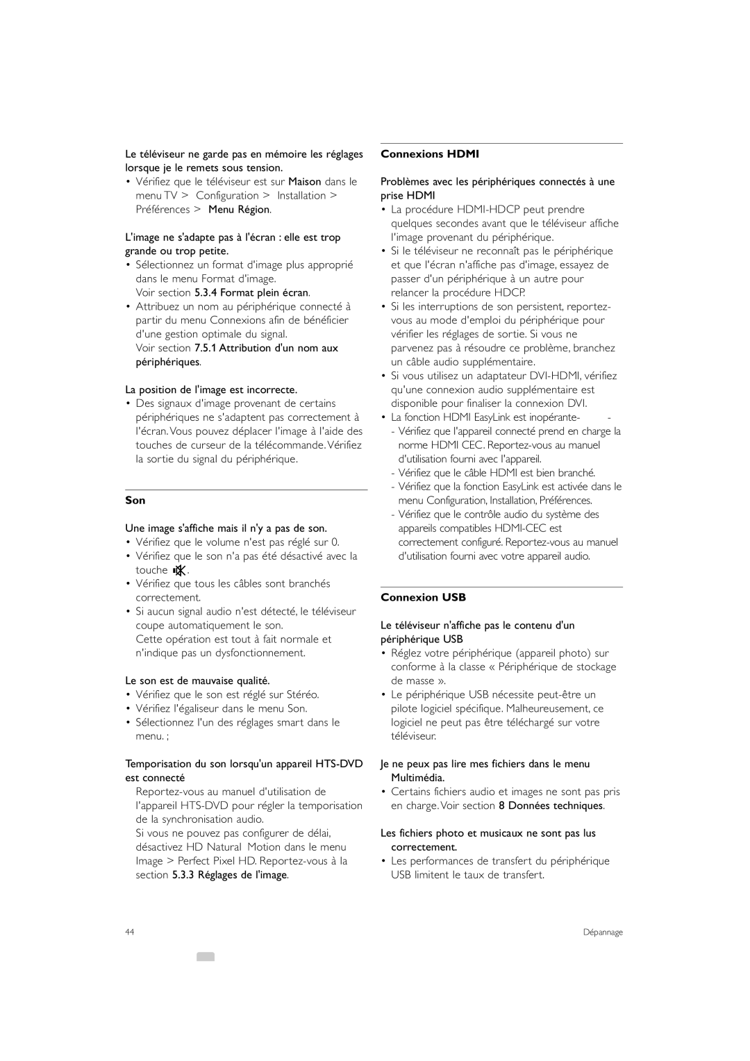 Philips 42PE0001D/H manual Son, Connexions Hdmi, Connexion USB 