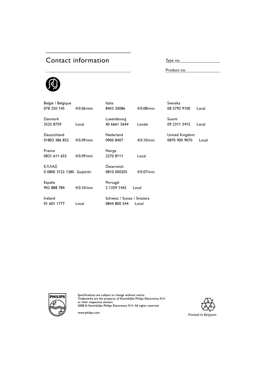 Philips 42PE0001D/H manual France Norge 0821 611 €0.09/min 2270 Local, Österreich 