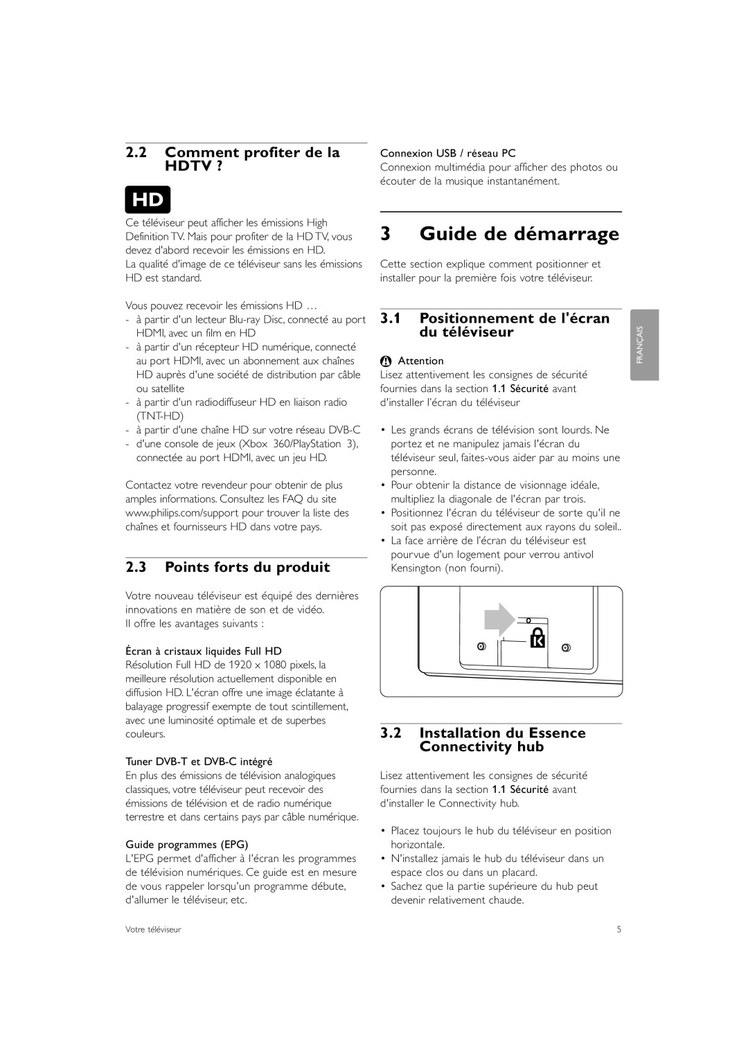 Philips 42PE0001D/H manual Guide de démarrage, Comment profiter de la Hdtv ?, Points forts du produit 