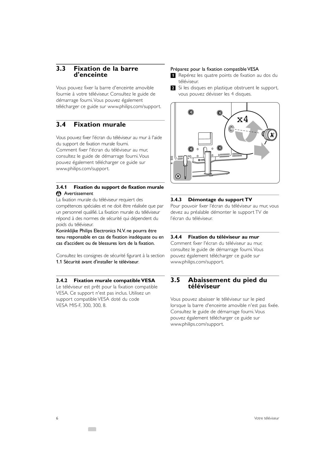 Philips 42PE0001D/H manual Fixation de la barre denceinte Fixation murale, Abaissement du pied du téléviseur 