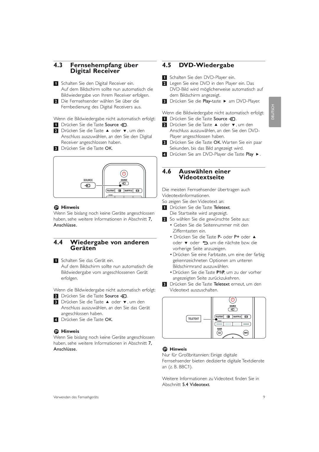 Philips 42PES0001D/H manual Fernsehempfang über Digital Receiver, DVD-Wiedergabe, Wiedergabe von anderen Geräten, RHinweis 