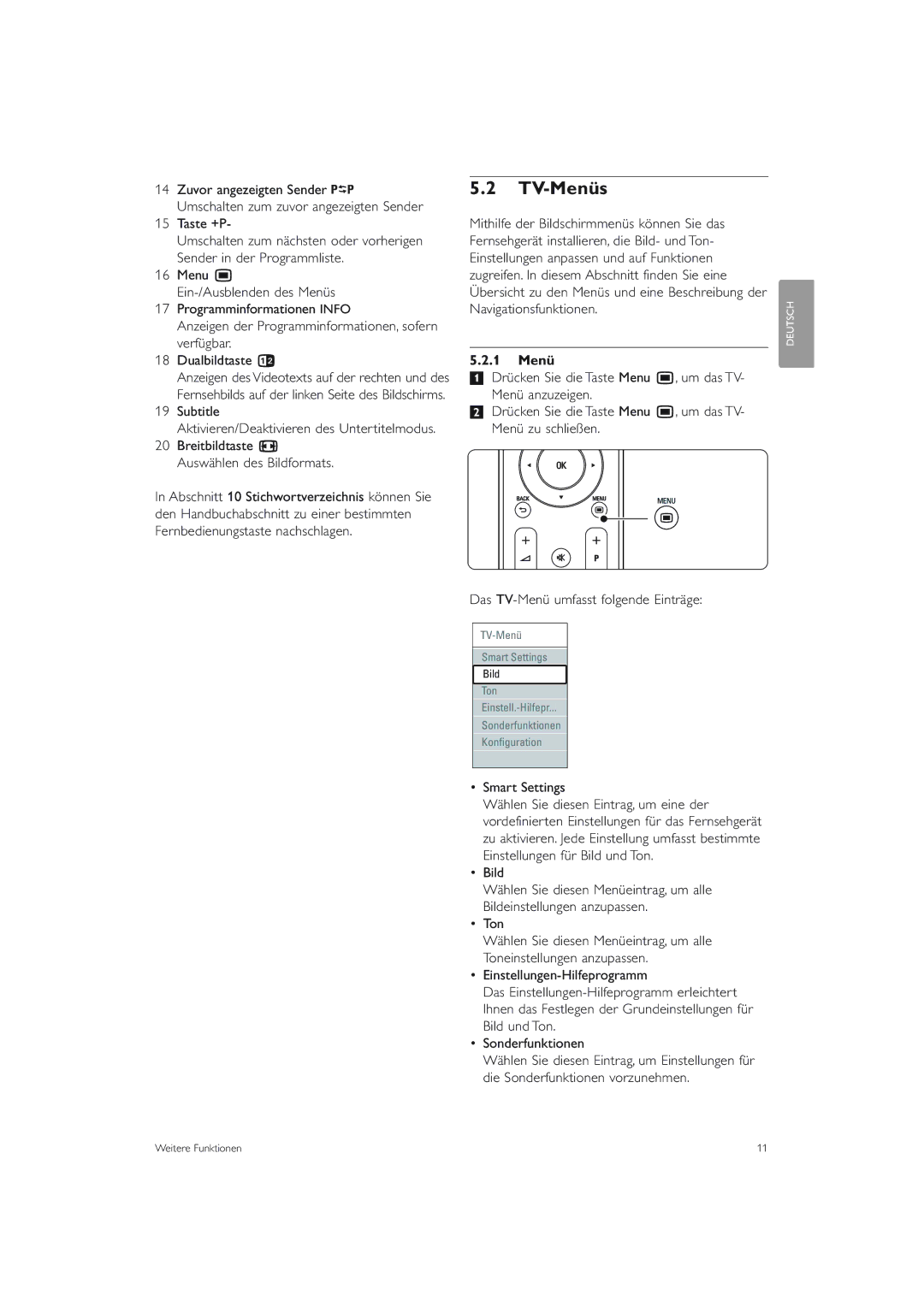 Philips 42PES0001D/H manual TV-Menüs, 1 Menü 