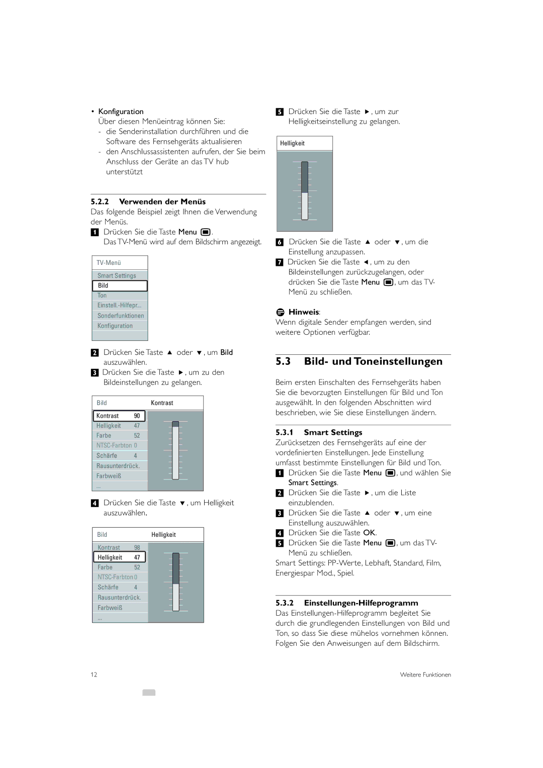 Philips 42PES0001D/H manual Bild- und Toneinstellungen, Verwenden der Menüs, Smart Settings 