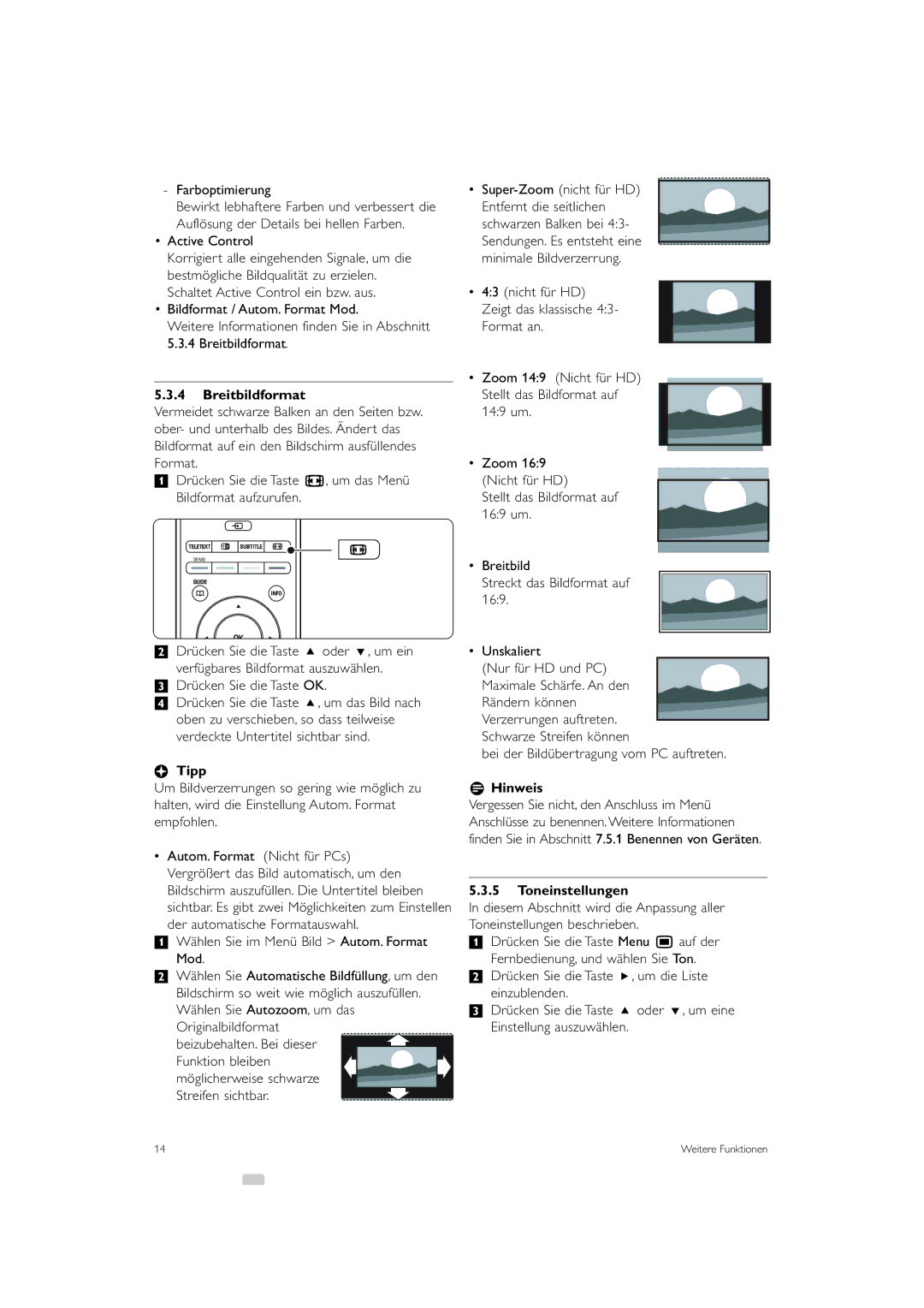 Philips 42PES0001D/H manual Breitbildformat, Tipp, Toneinstellungen 