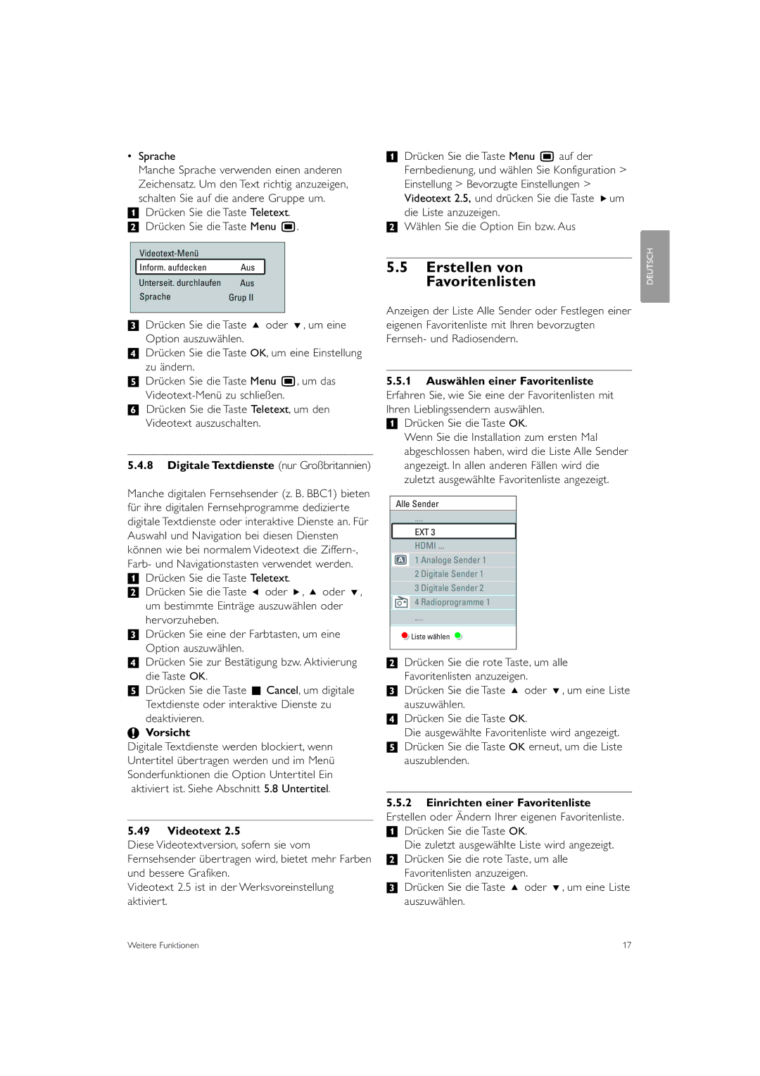 Philips 42PES0001D/H manual Erstellen von Favoritenlisten, Digitale Textdienste nur Großbritannien, Vorsicht, Videotext 