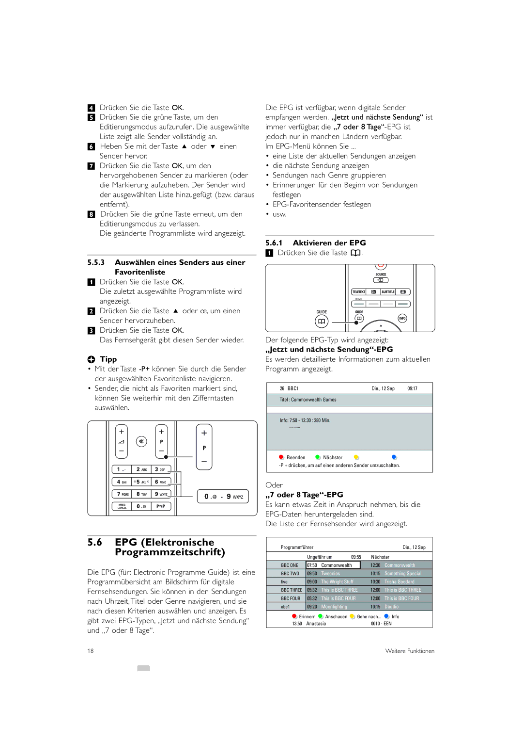 Philips 42PES0001D/H manual EPG Elektronische Programmzeitschrift, Auswählen eines Senders aus einer Favoritenliste 