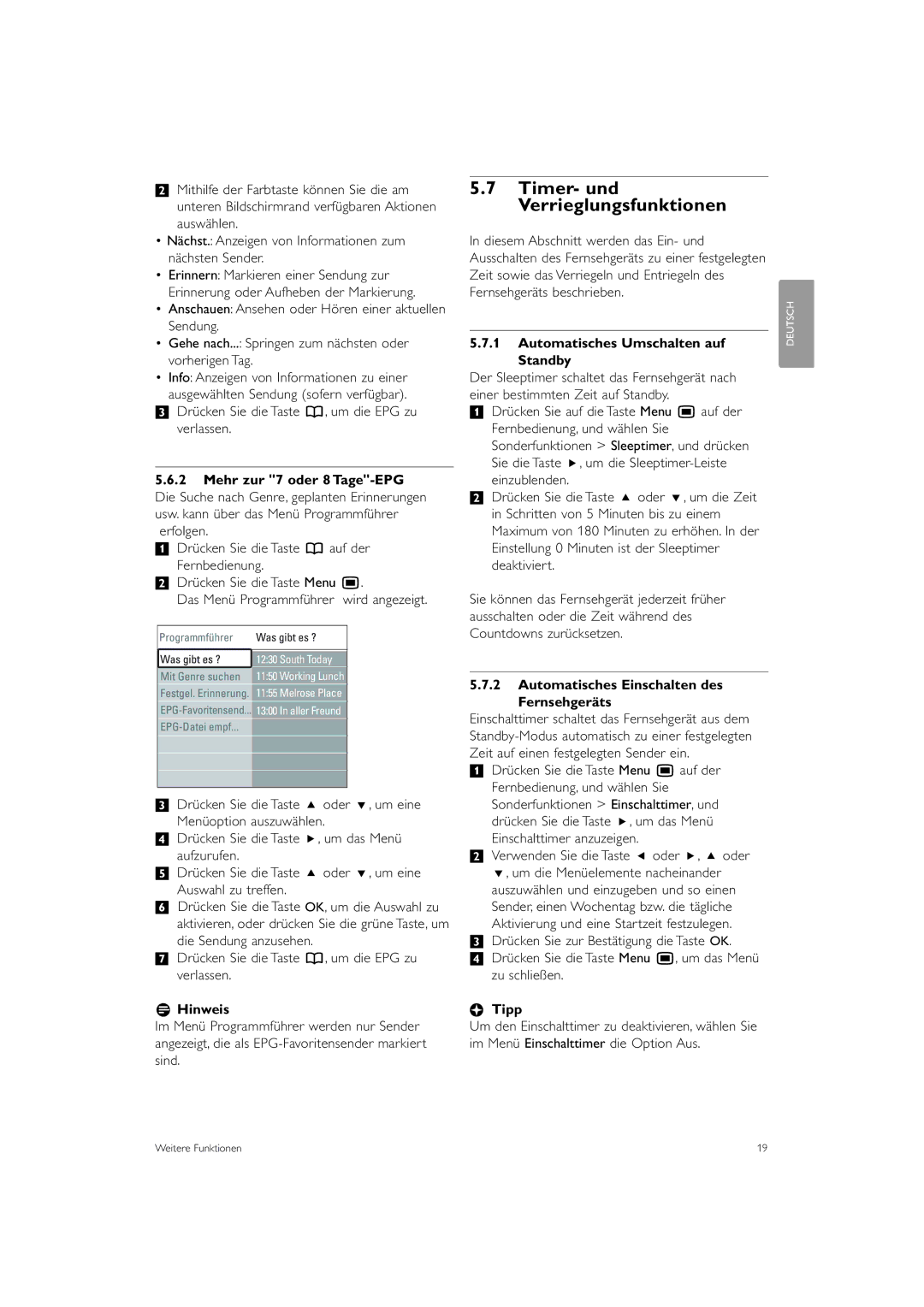 Philips 42PES0001D/H manual Timer- und Verrieglungsfunktionen, Drücken Sie die Taste a, um die EPG zu verlassen 