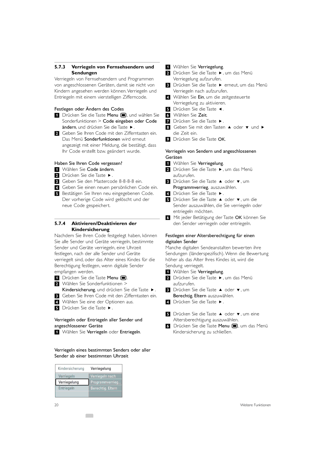 Philips 42PES0001D/H manual Verriegeln von Fernsehsendern und Sendungen, Festlegen oder Ändern des Codes 