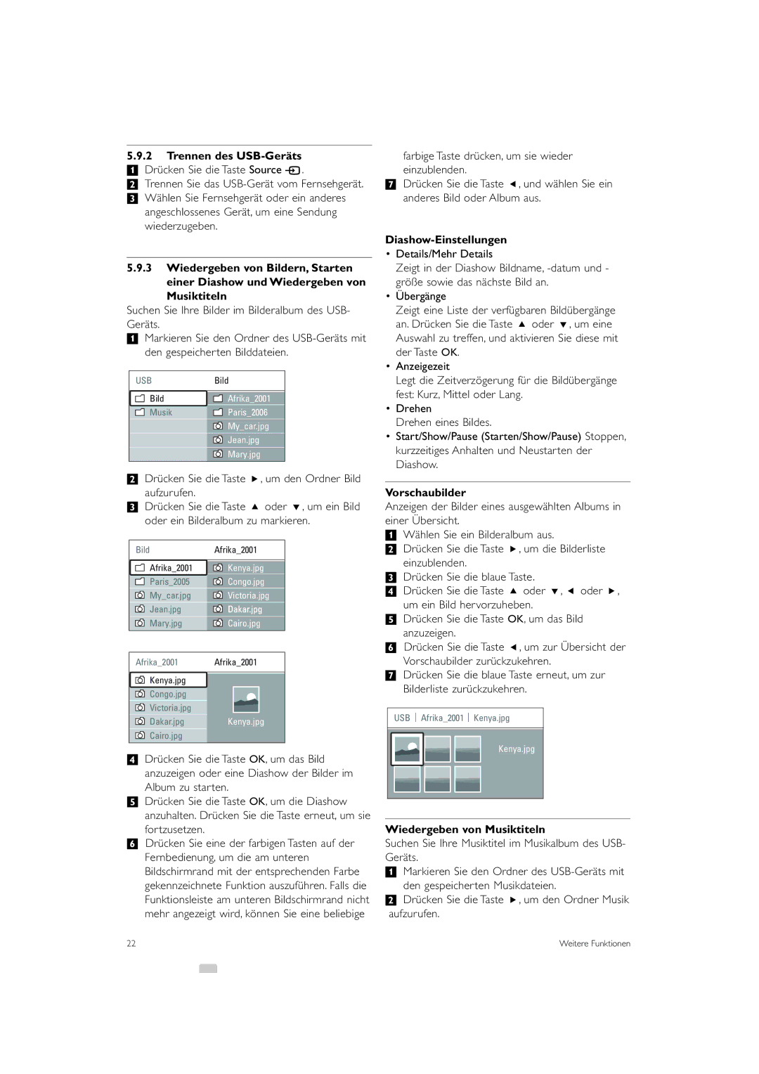 Philips 42PES0001D/H manual Trennen des USB-Geräts, Diashow-Einstellungen, Vorschaubilder, Wiedergeben von Musiktiteln 