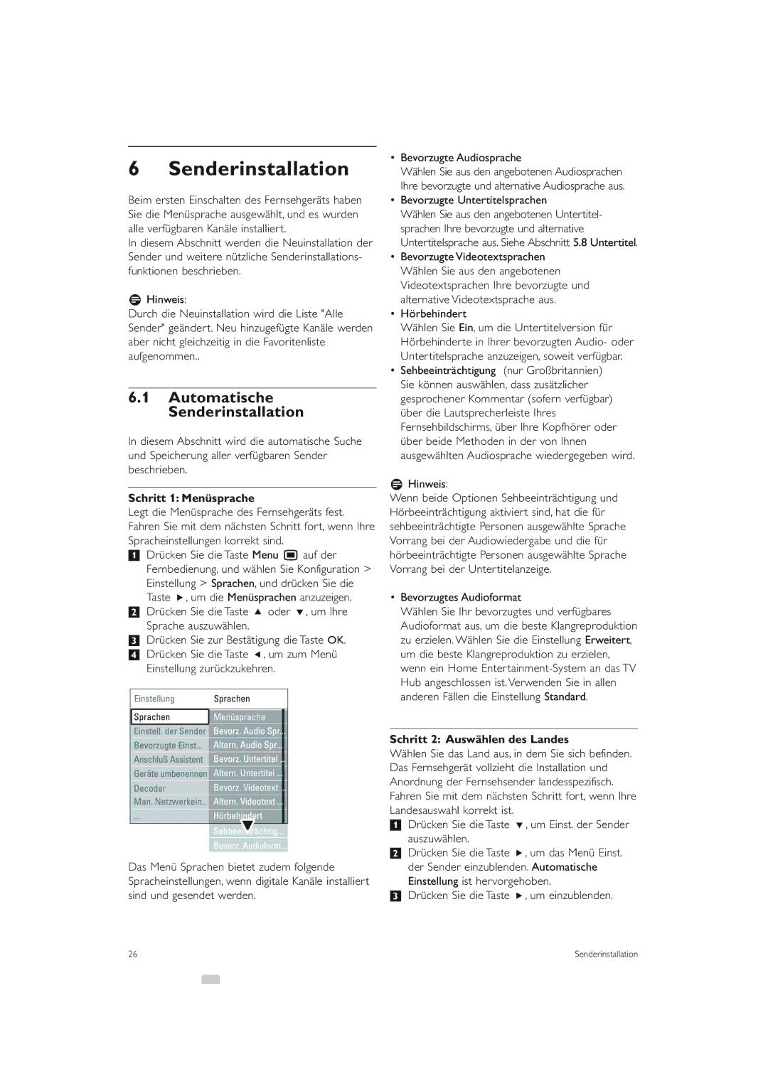 Philips 42PES0001D/H manual Automatische Senderinstallation, Schritt 1 Menüsprache, Schritt 2 Auswählen des Landes 