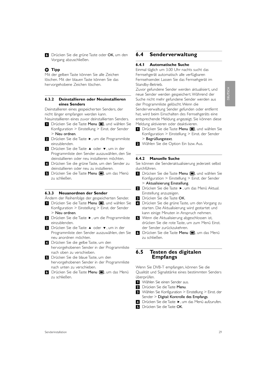 Philips 42PES0001D/H manual Senderverwaltung, Testen des digitalen Empfangs 