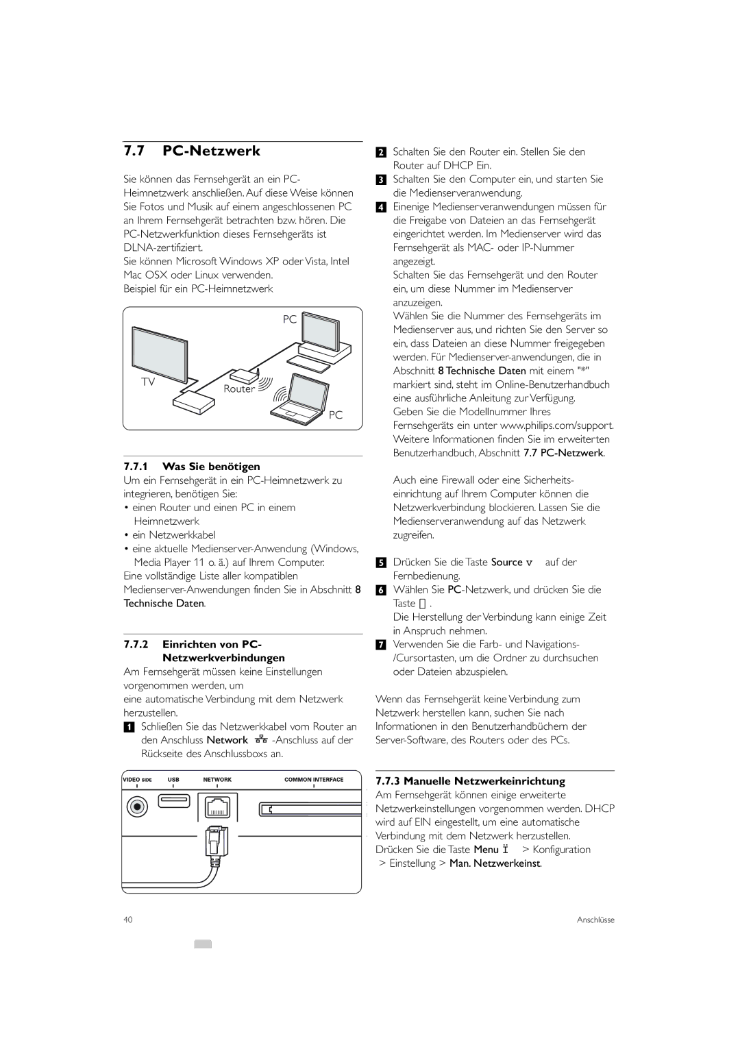 Philips 42PES0001D/H manual PC-Netzwerk, Was Sie benötigen, Einrichten von PC- Netzwerkverbindungen 