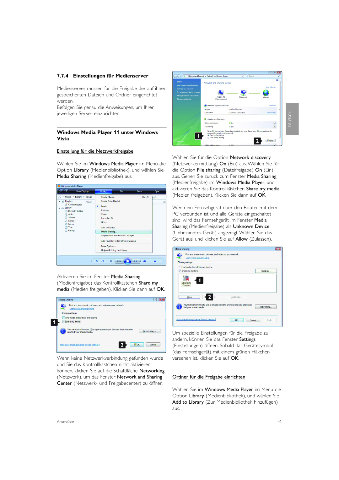 Philips 42PES0001D/H manual Einstellungen für Medienserver, Windows Media Player 11 unter Windows Vista 