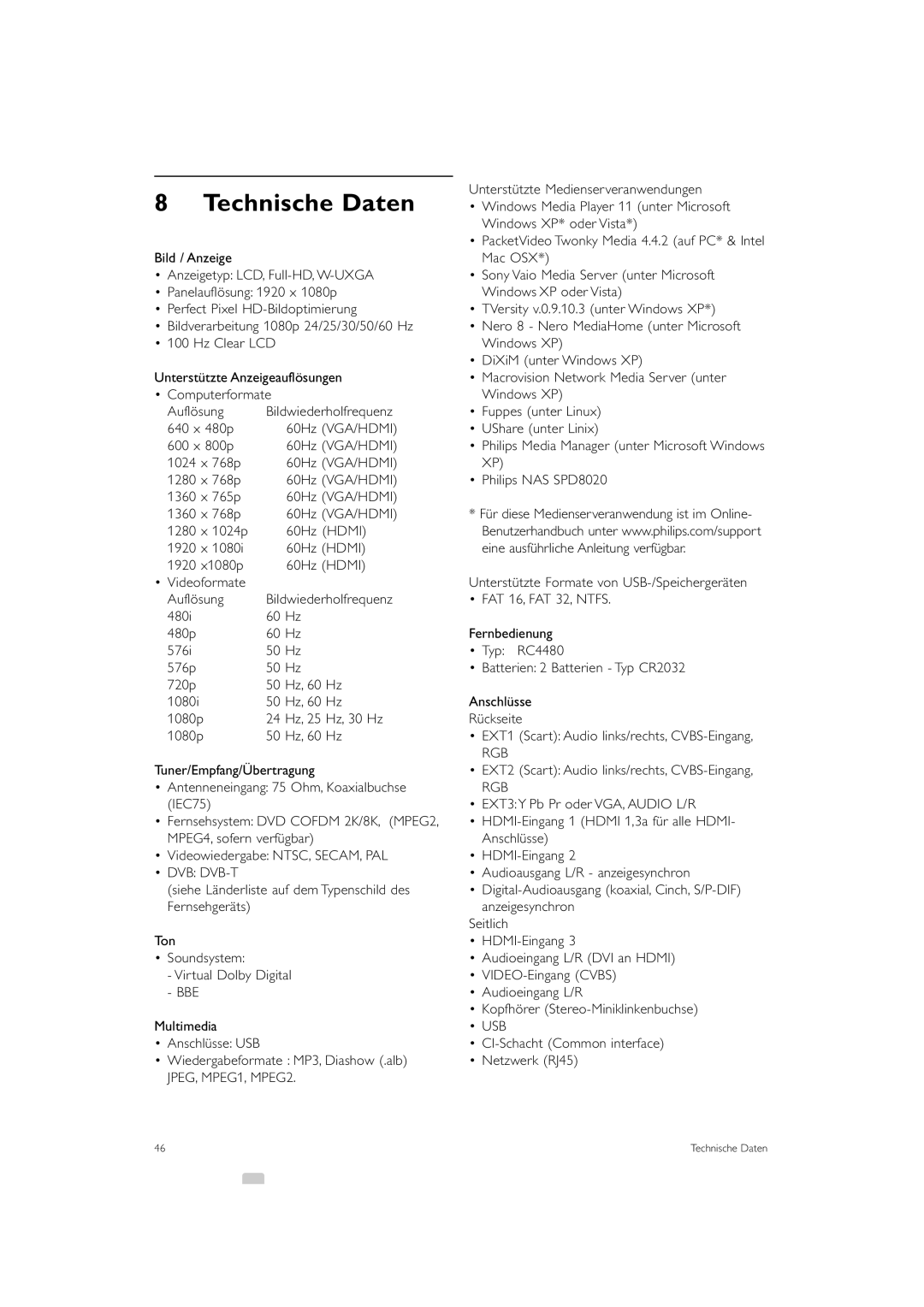 Philips 42PES0001D/H manual Technische Daten 