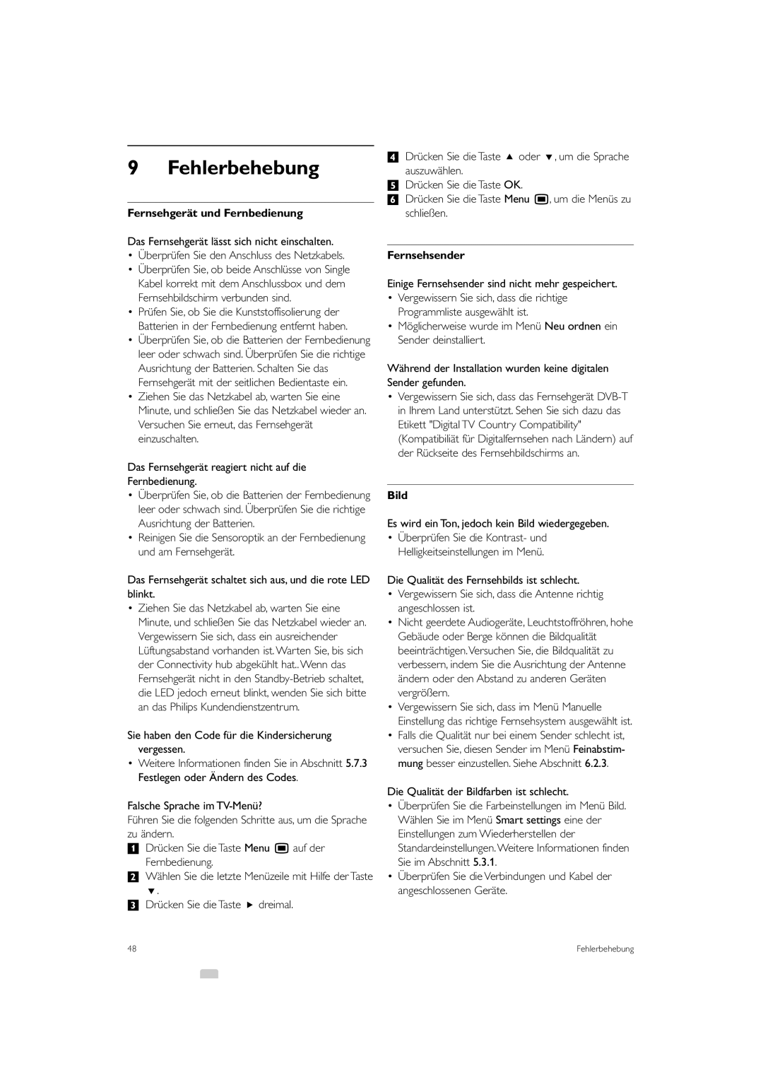 Philips 42PES0001D/H manual Fehlerbehebung, Fernsehgerät und Fernbedienung, Fernsehsender, Bild 