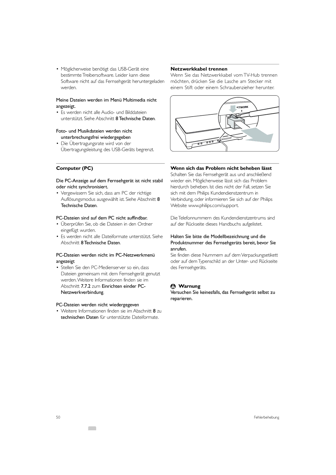 Philips 42PES0001D/H manual Netzwerkkabel trennen, PC-Dateien werden nicht im PC-Netzwerkmenü angezeigt 