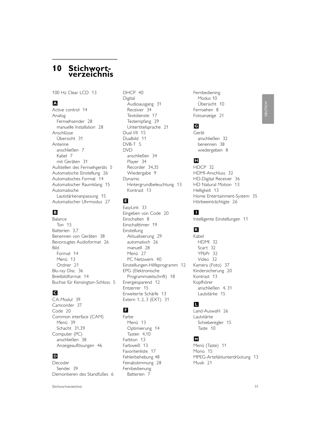 Philips 42PES0001D/H manual Stichwort- verzeichnis 