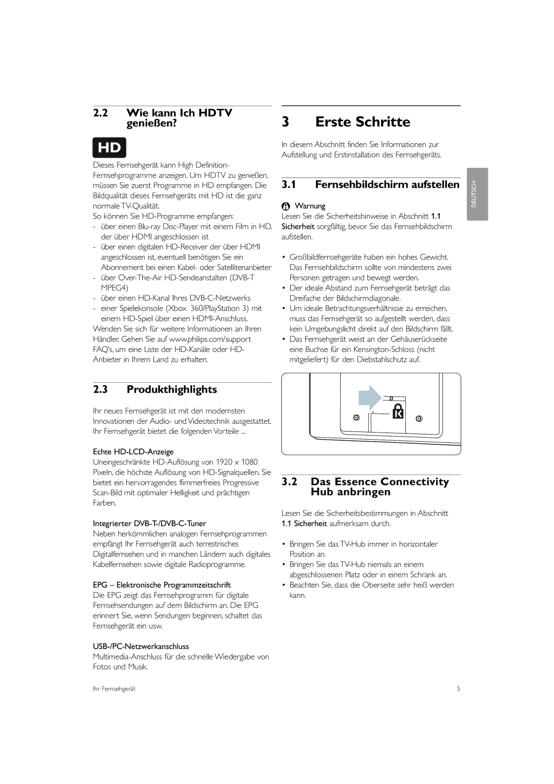 Philips 42PES0001D/H manual Erste Schritte 