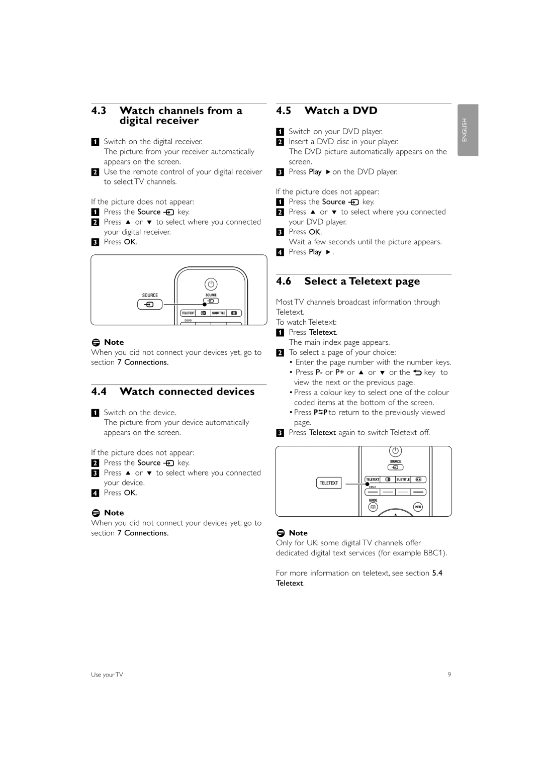 Philips 42PES0001D/H manual Watch channels from a digital receiver, Watch a DVD, Watch connected devices, Select a Teletext 