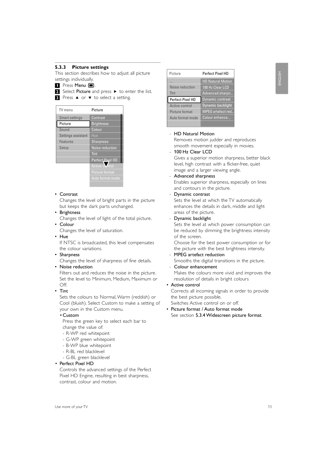 Philips 42PES0001D/H manual Picture settings, Contrast, HD Natural Motion, Perfect Pixel HD 