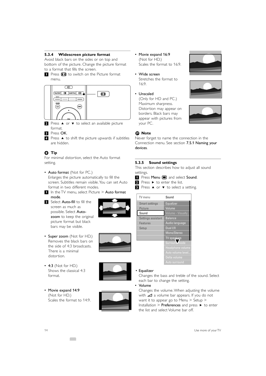 Philips 42PES0001D/H manual ‡ Press q to switch on the Picture format menu, Tip, Sound settings 